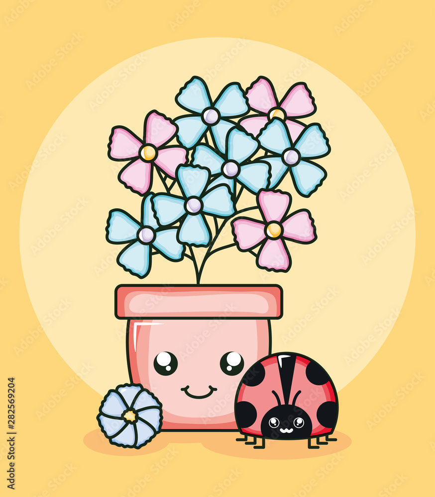 Poster garden flowers plant in pot with ladybug kawaii style