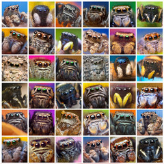 collage of photos of different images, of jumping spiders