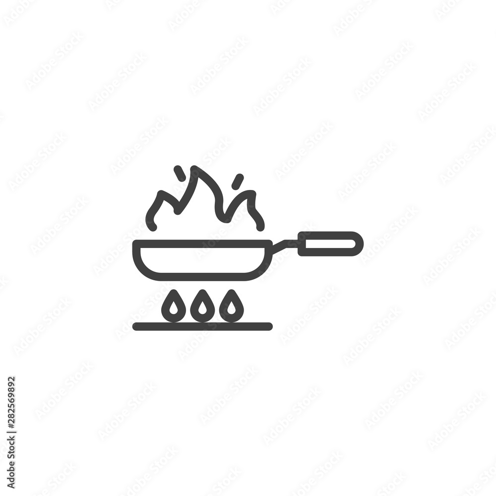 Poster frying on fire line icon. frying pan on gas stove linear style sign for mobile concept and web desig