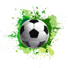 Fototapeta premium Projekt transparent mistrzostw piłki nożnej. Ilustracja baner z logo Realistyczna piłka nożna na białym tle na białym tle z zielonymi plamami. czarno-biała klasyczna skórzana piłka nożna