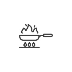 Frying on fire line icon. Frying pan on gas stove linear style sign for mobile concept and web design. Cooking process outline vector icon. Symbol, logo illustration. Vector graphics