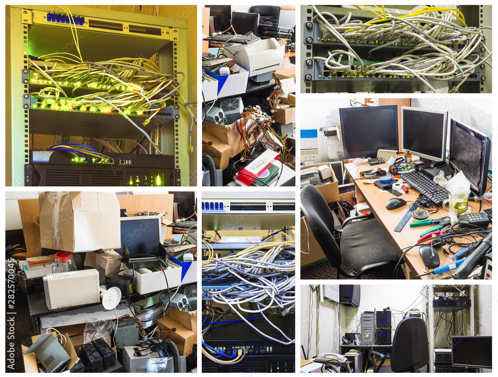 Poster a messy desktop with stacks of files and other documents, all kind of office supplies and part of a 