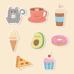 set of food kawaii characters