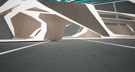 Abstract  concrete, glass and wood interior  with neon lighting. 3D illustration and rendering.