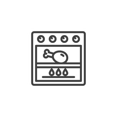 Fototapeta na wymiar Frying chicken in grill stove line icon. Cooking process linear style sign for mobile concept and web design. Chicken leg in gas oven outline vector icon. Symbol, logo illustration. Vector graphics