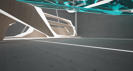 Abstract  concrete, glass and wood interior  with neon lighting. 3D illustration and rendering.