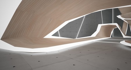 Abstract  concrete, glass and wood interior  with neon lighting. 3D illustration and rendering.