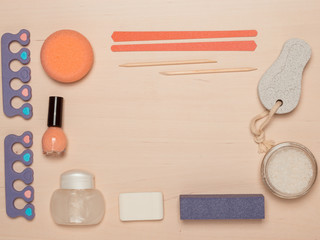 Naklejka premium Pedicure accessories tools top view