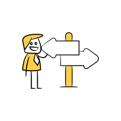 businessman and blank signage or signpost yellow stick figure theme
