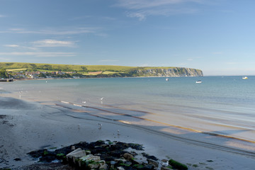 The beach and seafront at Swanage on the Dorset coast in Southern England