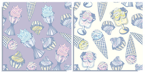 Vector set of seamless patterns with a wonderful balls cone ice cream,berry , lemon, flavor mint ice cream in bowls. Hand-drawn, graphic, style. Tender, soft, light, sleep color: purple, pink, yellow