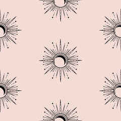 Sun and moon decorative boho style element design vector. Seamless pattern wallpaper.