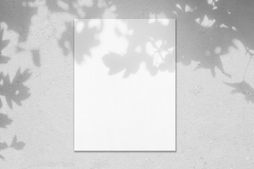 Empty white vertical rectangle poster mockup with soft hawthorn leaves shadows on neutral light...