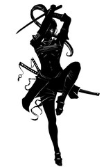 Silhouette of a samurai girl who attacks in a jump with a katana in her hands. 2D Illustration. © warmtail