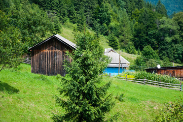 Old wooden house in the mountains. Against the background of green trees.