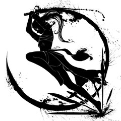 Fototapety  Silhouette of a samurai girl who attacks in a jump with a katana in her hands. 2D Illustration.