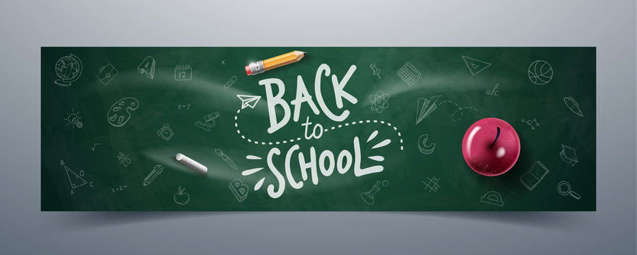 Back to school text drawing by colorful chalk in blackboard with apple, pencil, chalk. Vector illustration banner.