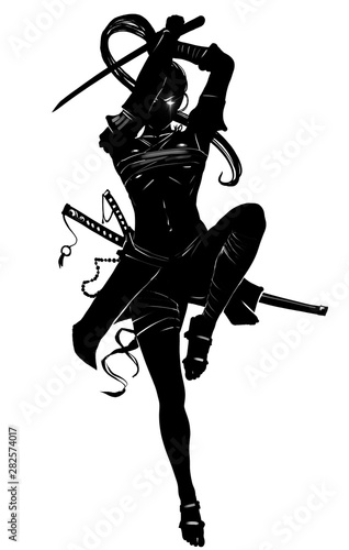 Silhouette Of A Samurai Girl Who Attacks In A Jump With A Katana In Her Hands 2d Illustration Wall Mural Warmtail