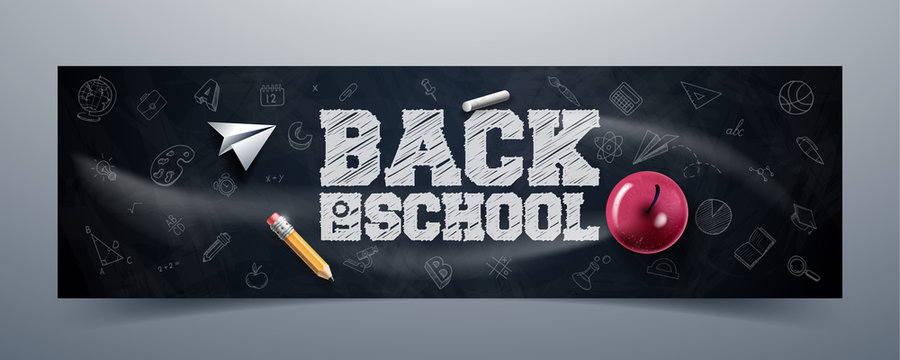 Back to school text drawing by colorful chalk in blackboard with apple, pencil, paper plane. Vector illustration banner.