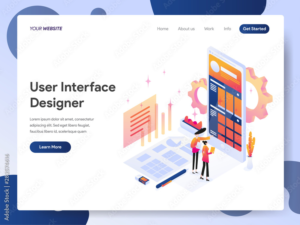 Poster landing page template of user interface designer isometric illustration concept. modern design conce