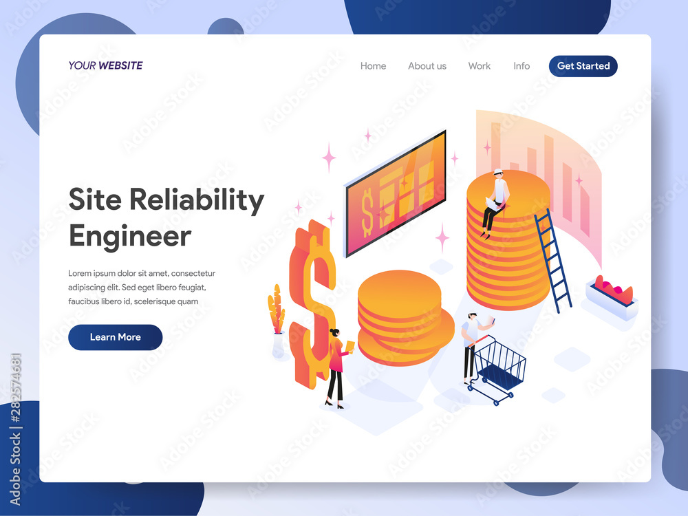 Poster landing page template of site reliability engineer isometric illustration concept. modern design con