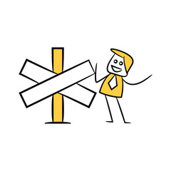 businessman and blank signage or signpost yellow stick figure theme
