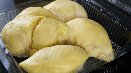 close up of one opened plastic container packaging with big yellow durian king inside isolated in black