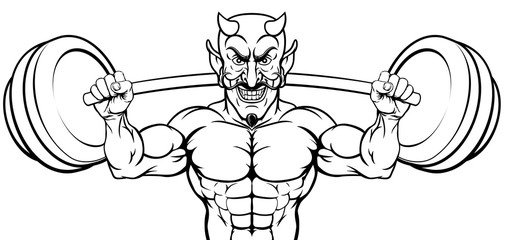 A devil Satan weight lifter body builder sports mascot lifting a big barbell