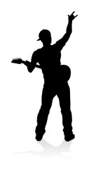 Fototapeta na wymiar A guitarist musician in detailed silhouette playing his guitar musical instrument.