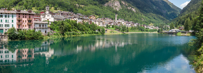 Carona. Bergamo, Orobie, Italian Alps, Italy. Landscape at the artificial lake and the village. Summer time