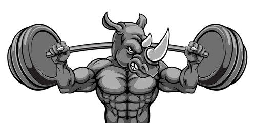 A rhino animal body builder sports mascot weight lifting a barbell © Christos Georghiou
