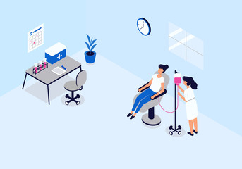 Isometric image of the blood transfusion station. Visualization of the concept of health care, the donor girl sitting in the chair the doctor checks the device. Vector illustration on white background