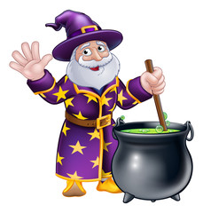 A wizard cartoon character stirring a cauldron pot filled with magic potion