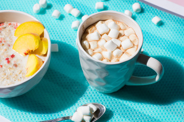 Healthy breakfast. Cereals with milk and fruits.