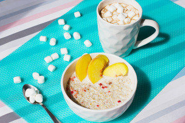 Healthy breakfast. Cereals with milk and fruits.