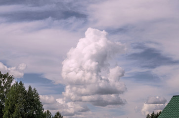 Cumulus cloud, a fragment of the roof of the house and the crown of a tree, instagram.