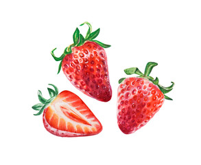 Watercolor red juicy strawberry with leaves. Food background, painted bright composition. Hand drawn food illustration. Fruit print. Summer sweet fruits and berries.