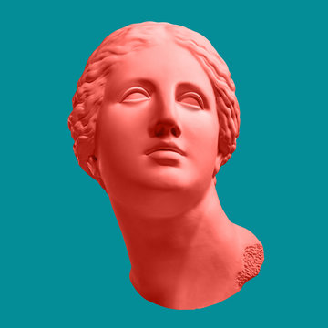 Modern conceptual art poster with ancient statue of bust of Venus. Collage of contemporary art.