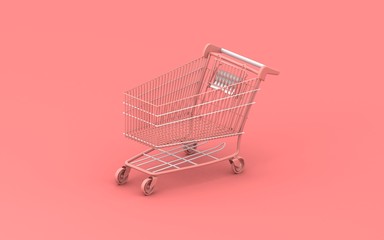 Shoping cart 3d render. Pink background. Modern store. Pink shoping cart. Online shoping. Sale. Buying and selling concept.