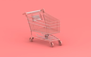 Shoping cart 3d render. Pink background. Modern store. Pink shoping cart. Online shoping. Sale. Buying and selling concept.