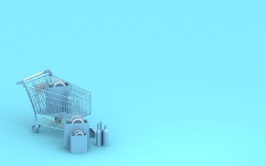 Shoping cart 3d render. Blue  background. Modern store. Blue shoping cart. Online shoping. Sale. Buying and selling concept.