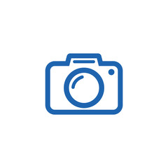 Blue photo camera icon isolated on white background.