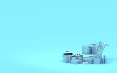 Shoping cart 3d render. Blue  background. Modern store. Blue shoping cart. Online shoping. Sale. Buying and selling concept.
