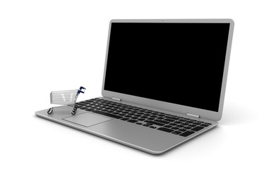 Shoping cart 3d render. Blue  background. Modern store. Blue shoping cart. Online shoping. Sale. Buying and selling concept.