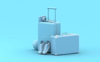 Traveling 3d rendering background. Trip concept. Tourist luggage. Traveler bag. Modern pastel color. Plain fly. Vocation. Summer holiday. Voyage. Adventure.