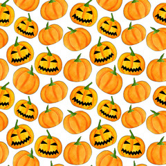 Watercolor halloween pumpkin seamless pattern. Hand drawn jack-o-lantern face illustration. Scary background design for wrapping paper, party invitations, banners.