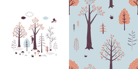Forest wildlife childish fashion textile graphics set with t-shirt print and accompanied tileable background in decorative Scandinavian style. Woody landscape scene illustration. Woodland plant and
