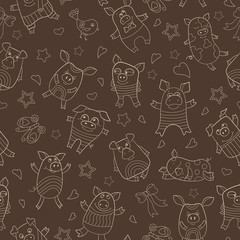 Seamless pattern with funny cartoon pigs , beige outline on a  brown background