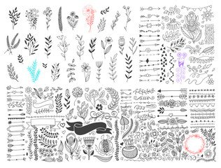 mega set of hand drawing page dividers borders and arrow, doodle floral design element