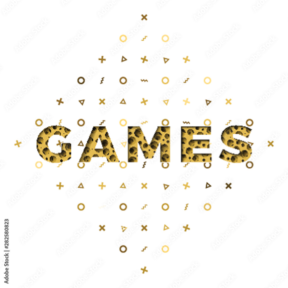 Poster word 'games' filled with realistic 3d paper cut layers and square memphis pattern on white backgroun